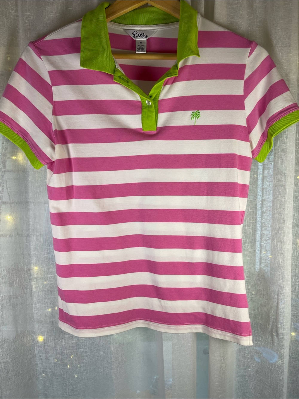 Lilly Pulitzer Pink & White Striped Polo with Lime Trim